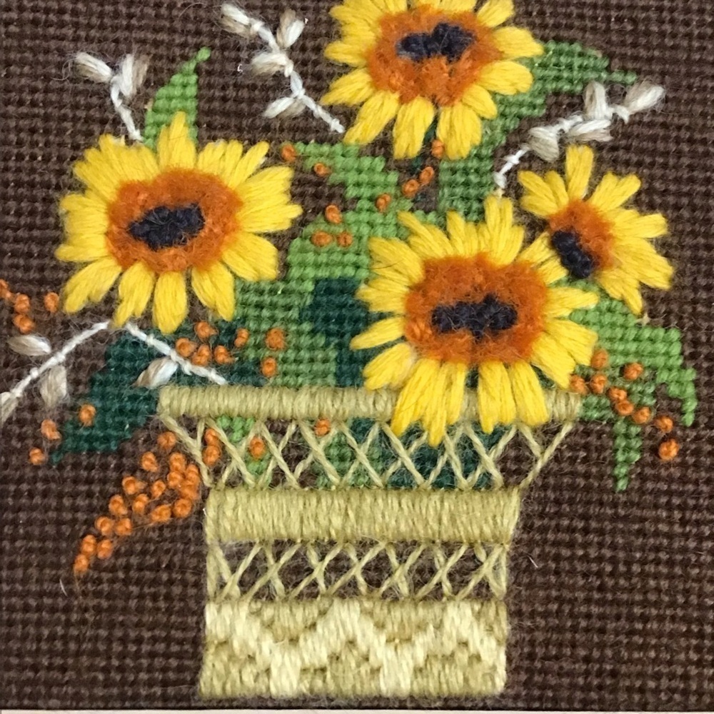 Sunflowers Needlepoint PAIR Wool Crewel Work 1979 Framed Art Farmhouse Landscape - Picture 6 of 14